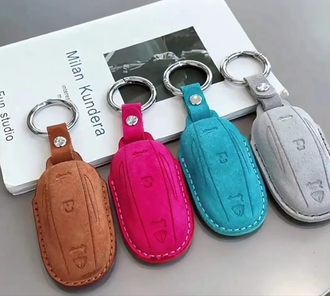 Car Alcantara Leather Key Case Cover Holder Chain For Tesla Model S