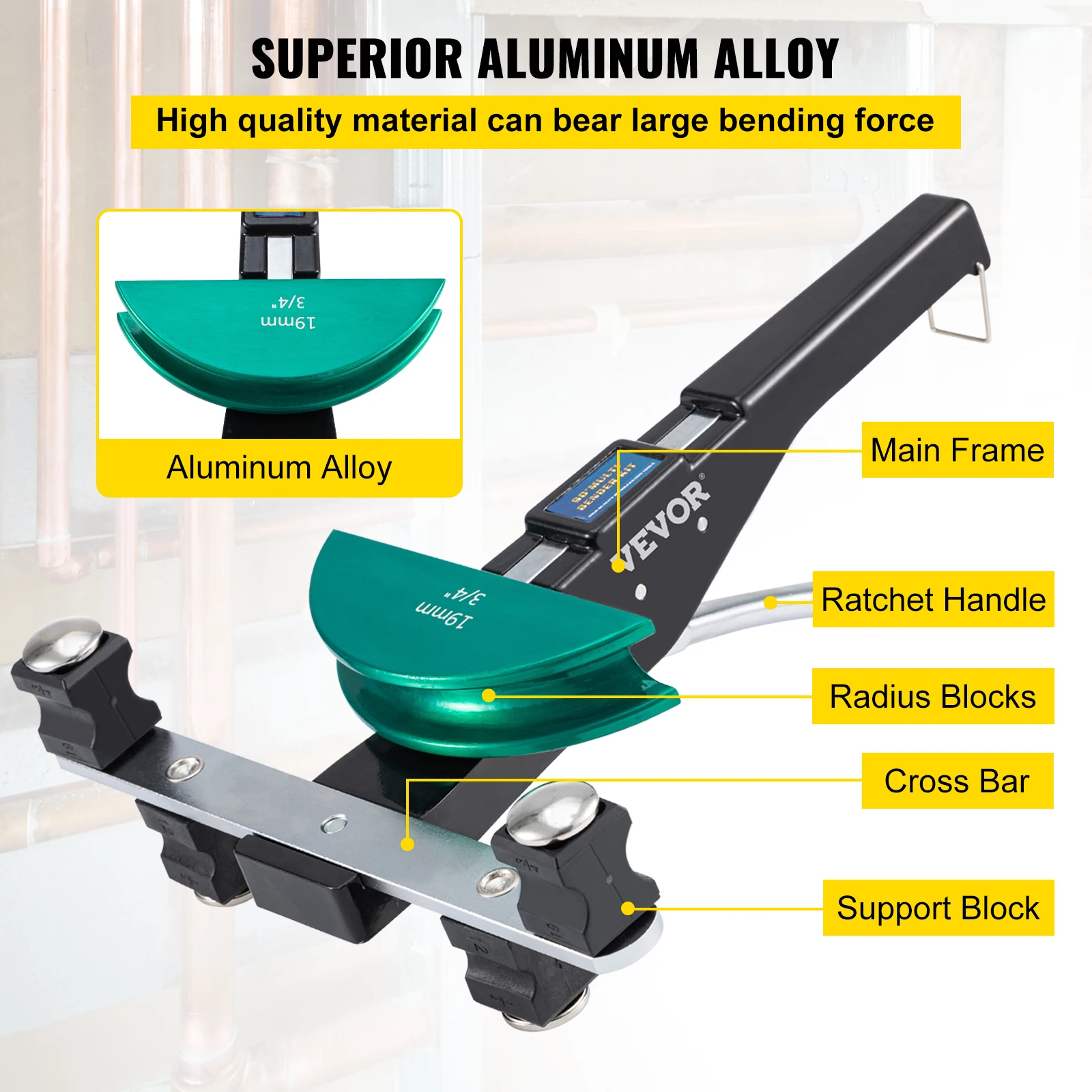 Tube Bender VEVOR HVAC Refrigeration Manual Copper Ratcheting Pipe Bender Kit with 7 Dies 8-22mm 90&deg;