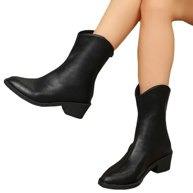 Women's Shoes on Sale 2023 High Quality Zipper Women's Boots Autumn Pointed Toe Solid Mid-Calf Chunky Heels Fashion Shoes Women