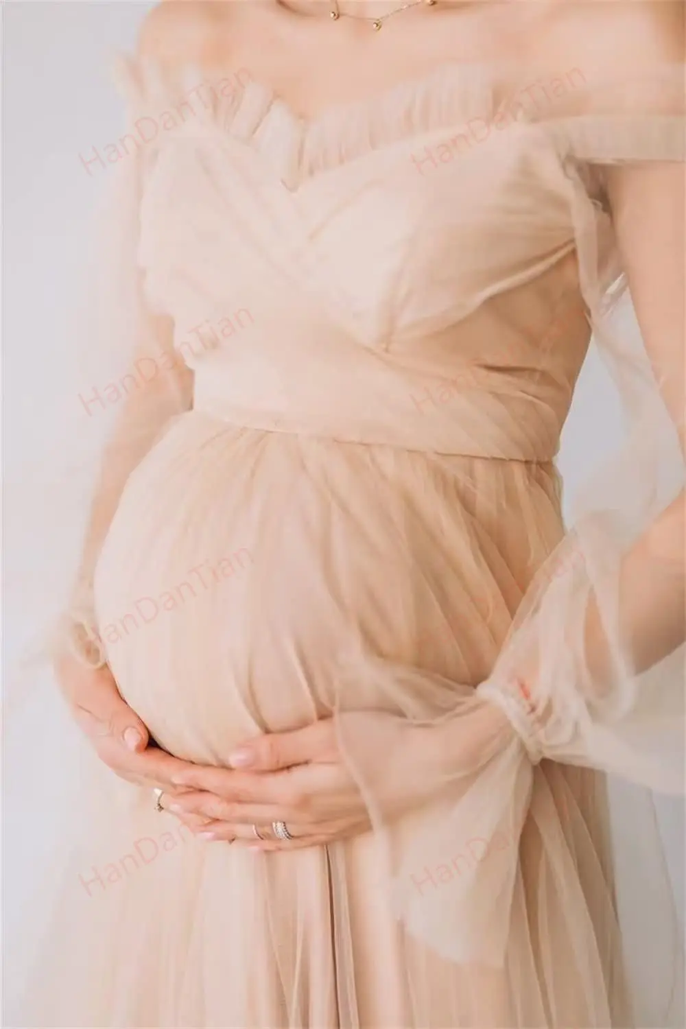 Fluffy Tulle Maternity Dress for Photoshoot Long Sheer Sleeve Off Shoulder Bridal Baby Shower Pregnant Gown