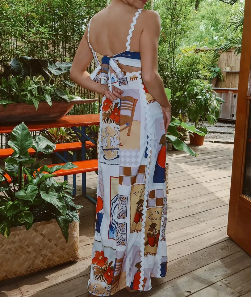 Women's Boho Floral Maxi Dress - Colorful Spaghetti Strap Summer Beach Vacation Sundress
