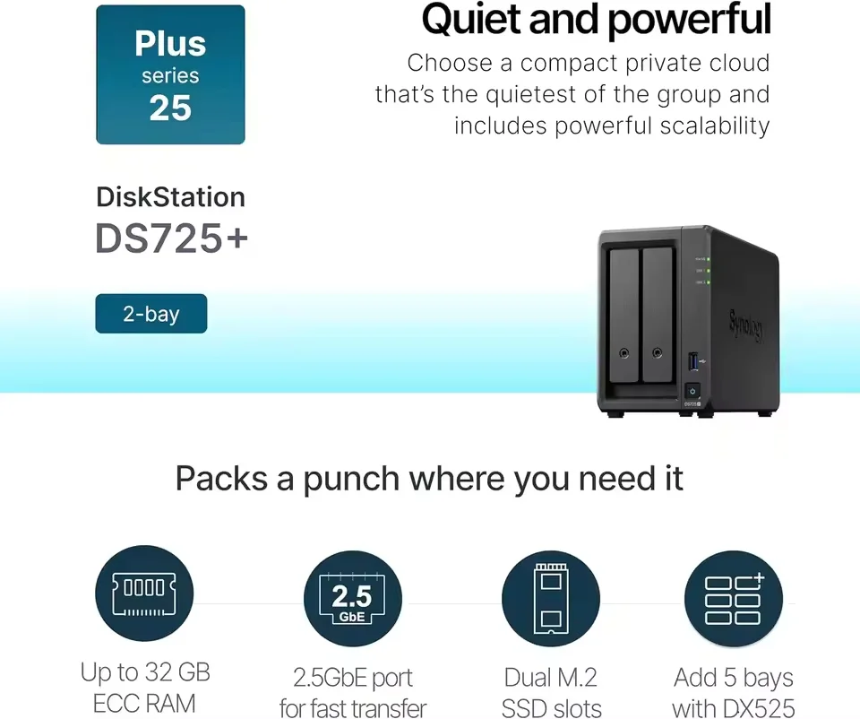 시놀로지 DS725+ 2베이 NAS 디스크스테이션 네트워크 클라우드 스토리지 서버 (디스크 미포함)