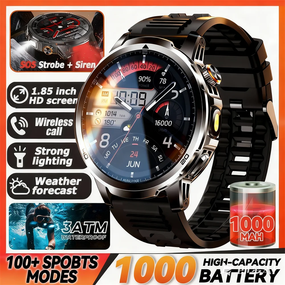 New Military Ultra 1000mAh Battery Smart Watch 5ATM Waterproof Outdoor Flashlight SOS Siren Heart Rate Sports Tracker Smartwatch