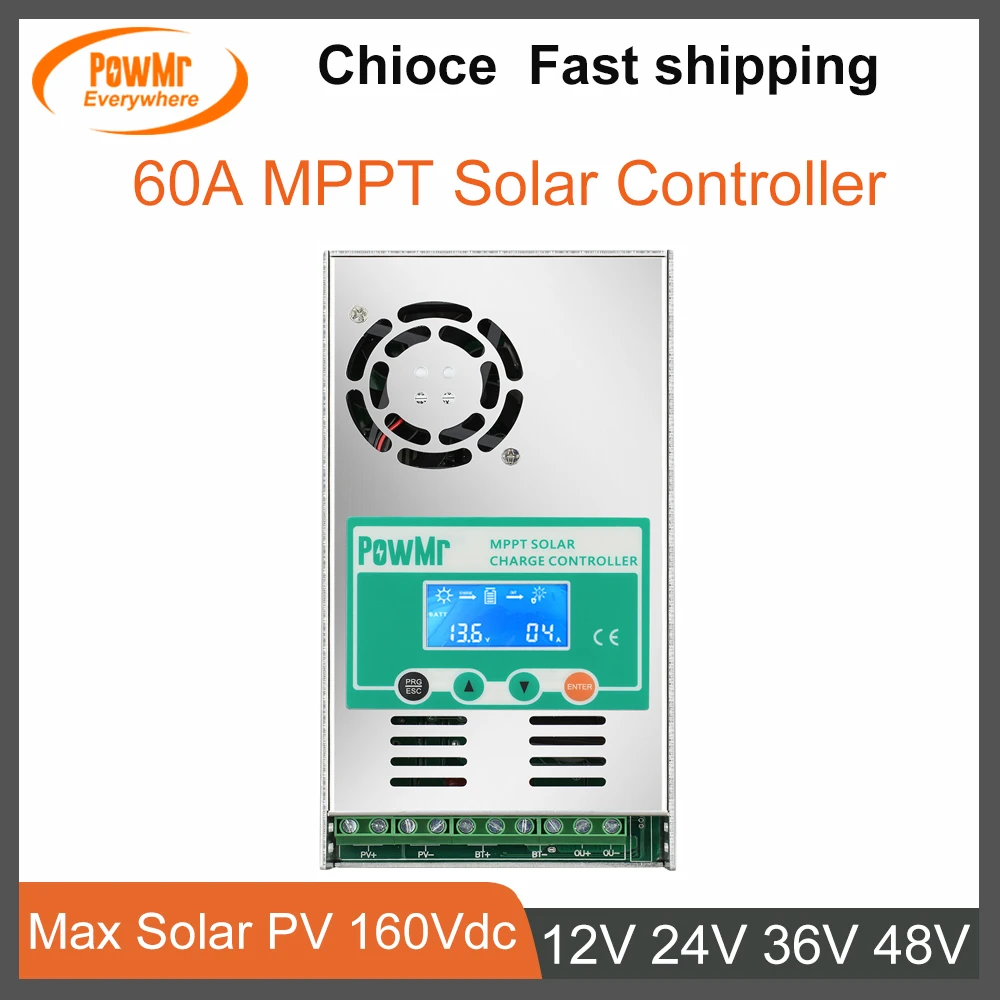 

PowMr 60A MPPT Solar Charge Controller 12V 24V 36V 48V Auto Max Solar PV Power Input 160V LCD Blacklight Dispaly Solar Regulator