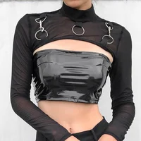 Col roulé en maille gothique pour femme, voir à travers les manches longues, BEmbed o Shrug Crop, Y-Black O-Ring Metal Tative 5