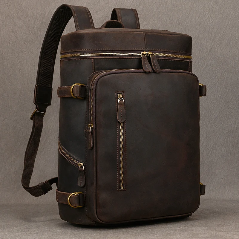 Vintage Genuine Leather Men's Backpack Large capacity travel bag crazy horse leather male 14" Laptop travel backpacks school Bag 3