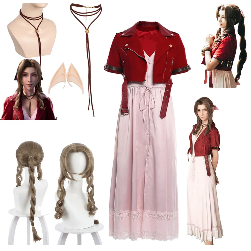 Aerith Gainsborough 코스프레 파이널 판타지 VII 코스튬 재킷, 원피스 의상, 여성용 할로윈 파티, 역할 놀이 옷