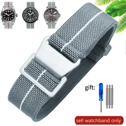 Vintage - Style French Parachute Elastic Nylon Watch Strap - Universal Men's Smartwatch Wristband (Classic 60s Inspired Design) - 22mm ((D)Gray White - Steel)