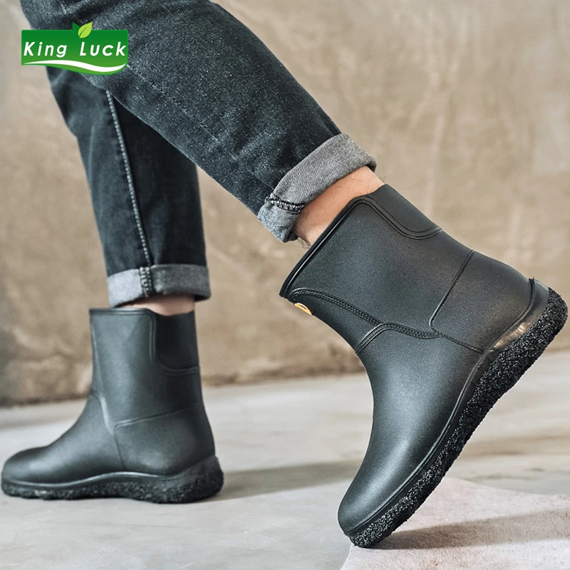 

0.6kg KingLuck Rain Boots Men Rubber Slip-on Cook Shoes For Fishing Water Waterproof Male Plastic Ankle Black Men Beige BOOT
