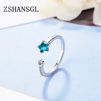 Semplice Argento Geometria di colore Blu a Cinque punte Star Anelli Per Le Donne Ragazze Regalo di Apertura Sterling Anello-argento-gioielli