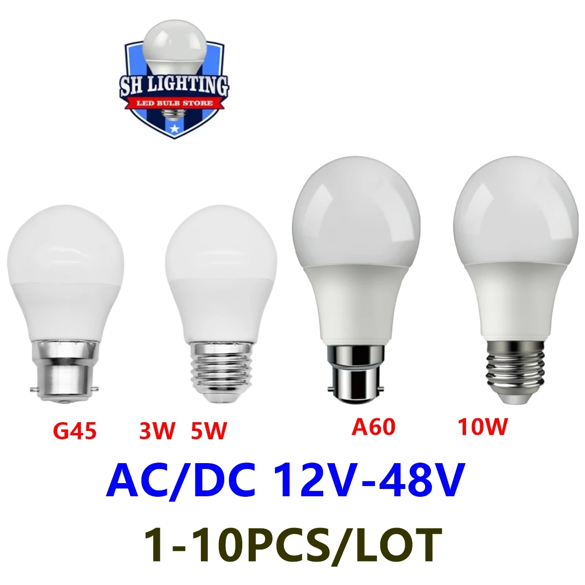 1-10pcs LED Low voltage AC/DC12V-48V bulb 3W 5W 10W super bright without strobe E27 B22 suitable for solar battery bulbs