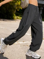 Women s Cargo Pants Loose Fit Solid Color Casual Autumn Baggy Leg Barrel Track Pants with Multiple Pockets and Drawstring