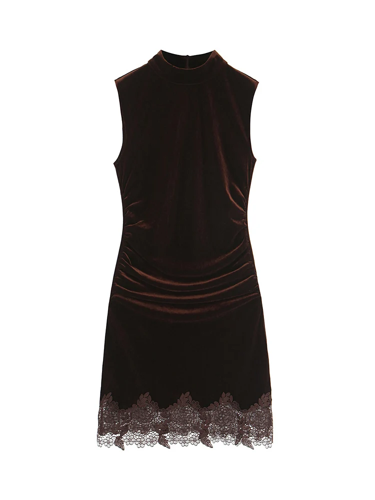 Women Velvet Mini Dress Lace Splicing Sleeveless Lace Splice Retro Casual Evening Party Dress Chic Half High Collar Dress