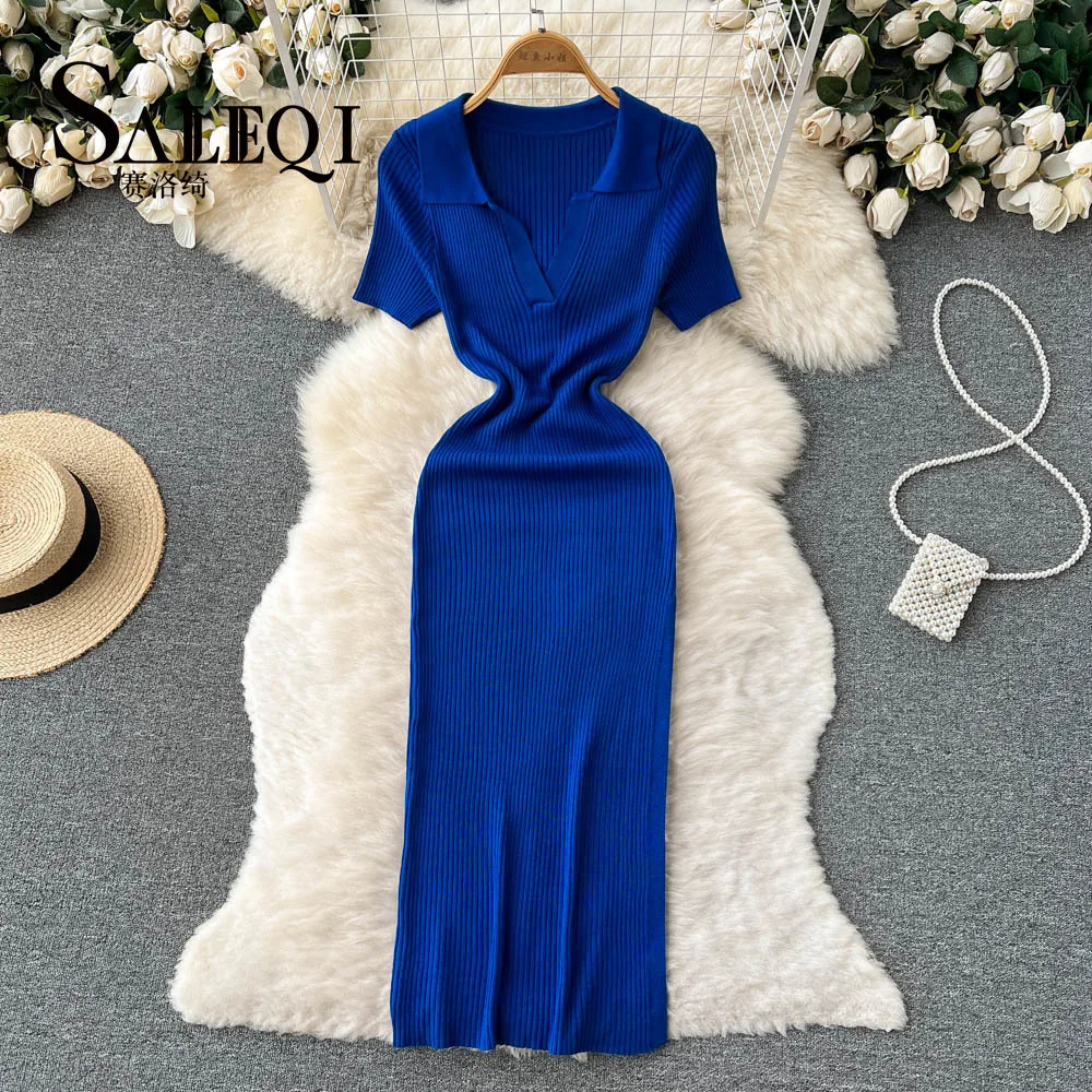 

Chic Elastic Slim Elegant Split Wrap Bodycon Dress Sexy Short Sleeve Casual Lapel Women Korean Fashion Knit Vestido Pencil Dress