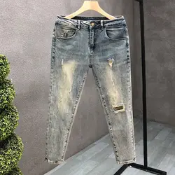 New Trendy Luxury Vintage Washed Slim Jeans for Men Distressed Stylish and Comfortable Solid Design Boyfriend Casual Blue Jeans