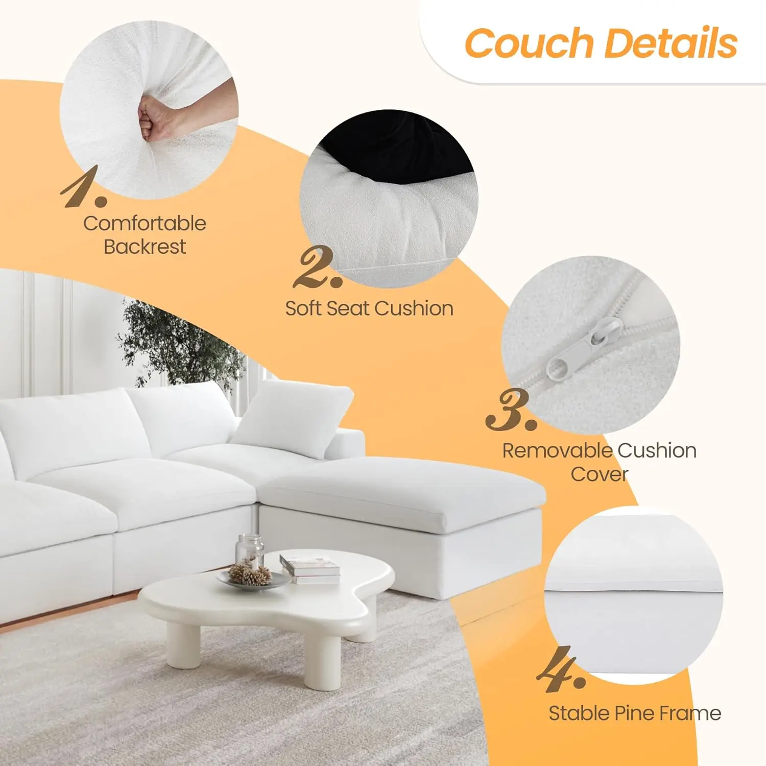 U-Shaped Cloud Couches for Living Room, 6-Seats Modular Convertible Sectional Sofas, Cushion Covers Removable, Comfy Sectional