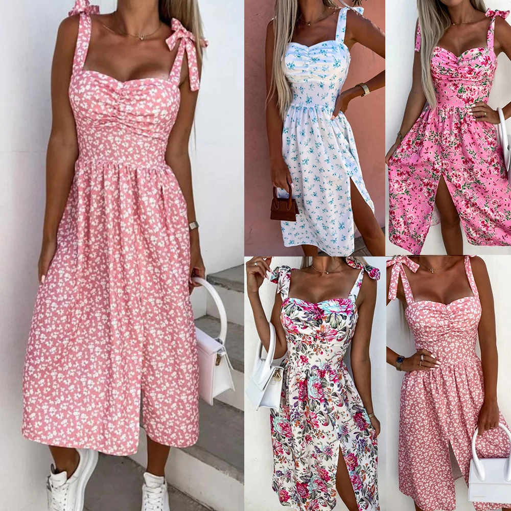 

Midi Dress For Women Summer Strappy Dress Tank Dress Boho Floral Beach Party Loose A-Line Swing Dress Lace Up Sun Dresses Female