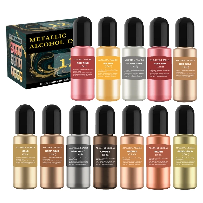 12 Colors Metal Alcohol Ink Set Concentrated Extreme Shimmer Alcohol-Based Inks for Epoxy Resin Acrylic Pouring Paint Dropshi 6