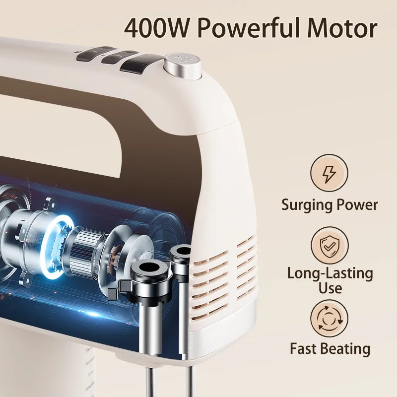 SUNATUR 400W DC Hand Mixer Electric Speed Control 304 Stainless Steel 6 Rods Set with Storage Base 3