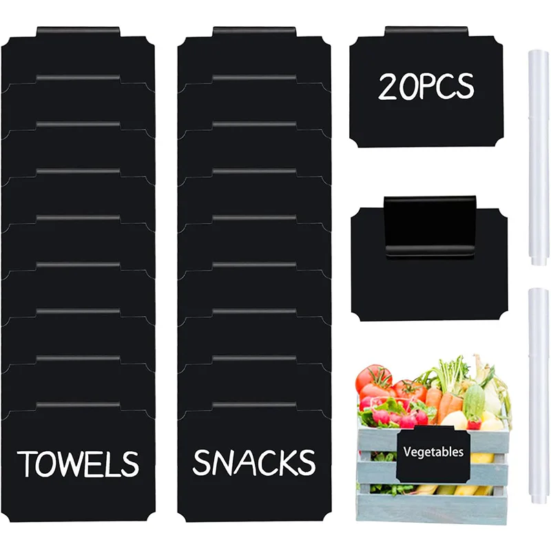 12/20 Basket Labels Clip On, Reusable Labels for Storage Bins, Removable Chalk with 2 White Chalk Markers-Wet Erase