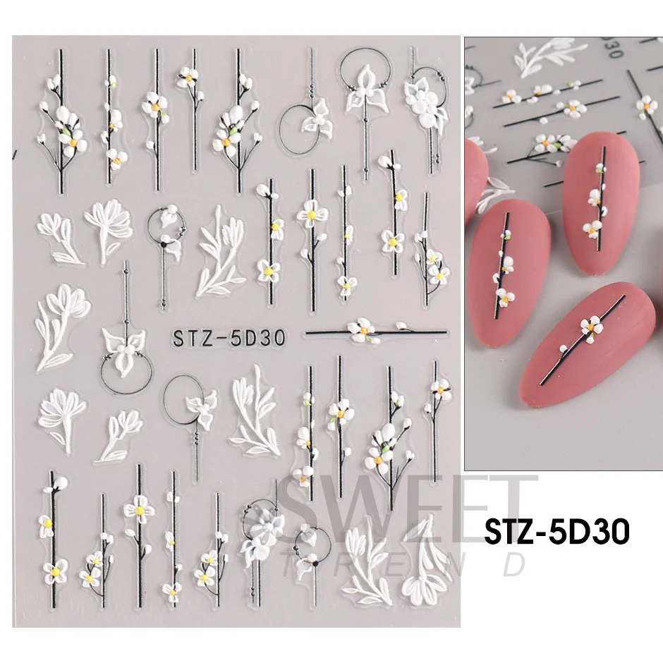 Blumen-Nagelaufkleber 10 Blätter – Hibiskus-Design In Weiß, Rosa, Gold & Silber | Für Nagelkunst & Maniküre