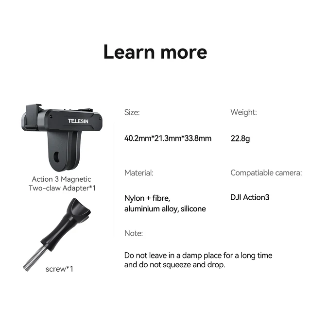 TELESIN – adaptateur magnétique à deux griffes, accessoires de caméra d'action pour DJI OSMO Action 3 4 5 Pro, accessoires, boucle en métal 6