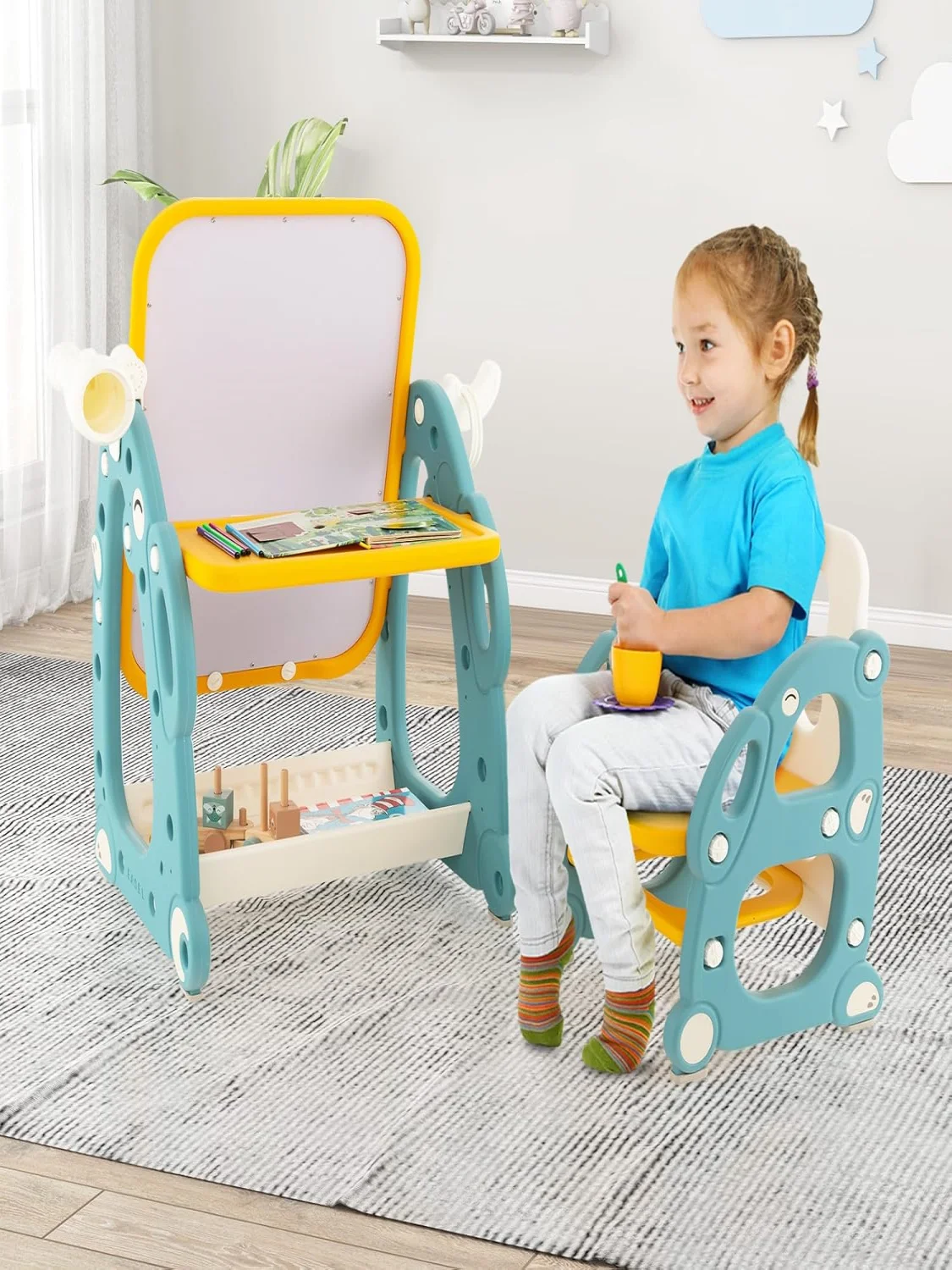 4-in-1-Staffelei mit Stuhl, Stehbrett mit 3-stufig verstellbarem Whiteboard, Teleskop- und Ringwurfspiel, für 1–8 Jahre – Detail 1