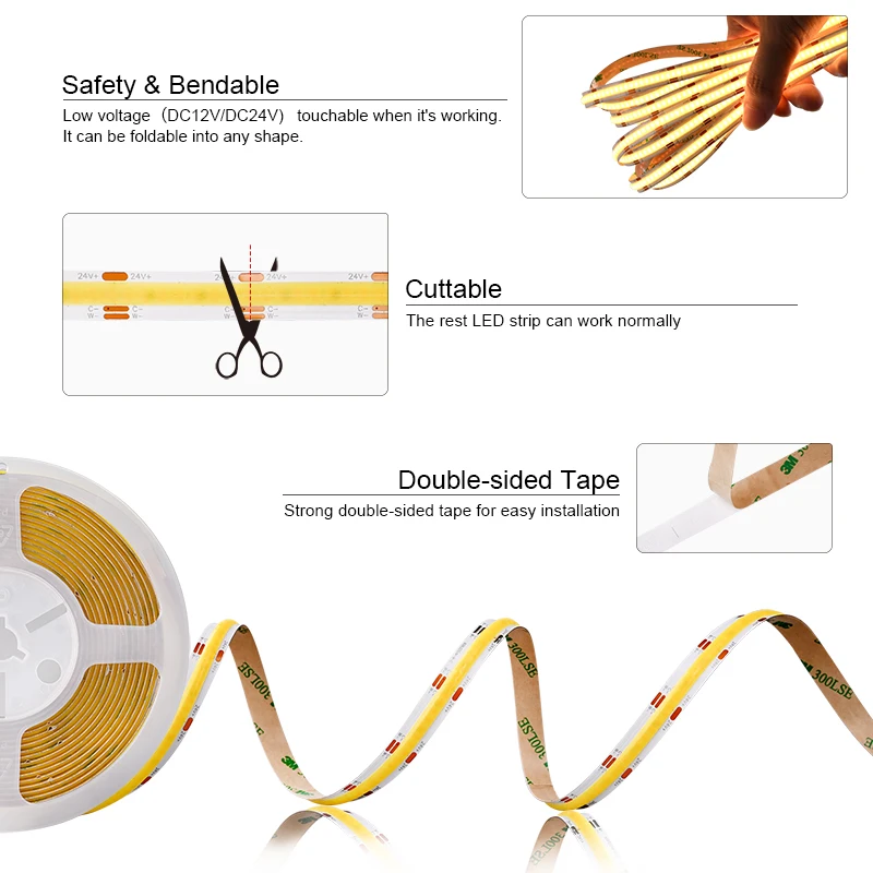 CCT COB LED Strip Lights High Density 608 LEDs/m Flexible Dimmable FOB Led Tape 2700K to 6500K Changeable LED Lighting DC12V 24V