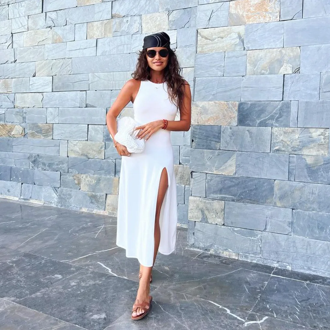 Summer New Sleelvess Slim Bodycon Dress Women Casual High Split Out Solid Holiday Beach Sundress White Tank Dresses 2025