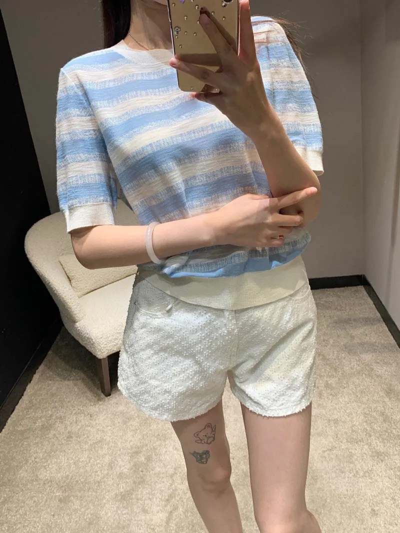 

Academy girl style fashion casual trend temperament versatile age reducing slimming round neck striped short sleeved top