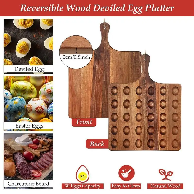 Deviled Egg Platter 30-Holes Deviled Egg Platter Reversible Wooden With Handle Charcuterie Board Cheese Serving Tray Household
