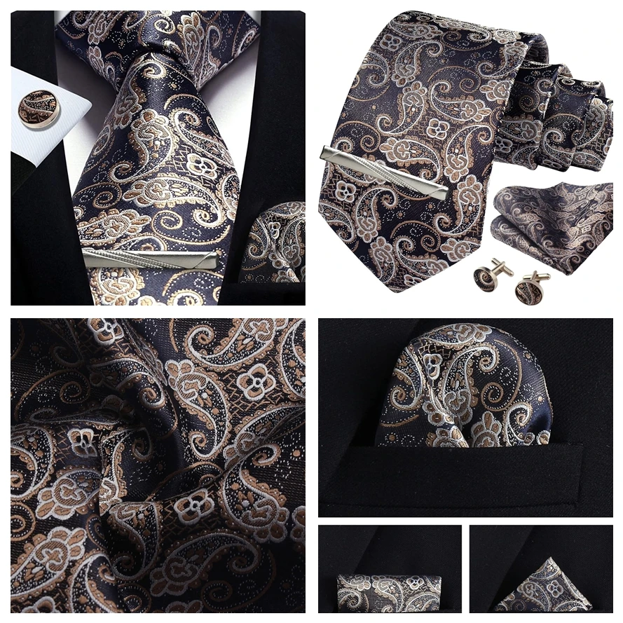Herren Gold schwarz Paisley Seide Krawatte für Männer Luxus Geschenk klassische Krawatte Taschentuch Manschetten knöpfe Krawatten klammer Set formale Hochzeit Accessoires – Detail 35