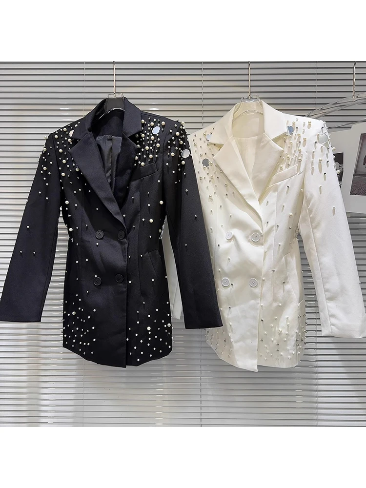 

HIGH STREET Newest 2024 Designer Blazer Women's Pearl Sequin Beaded Long Blazer