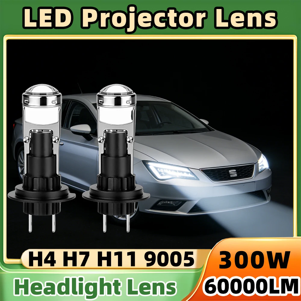2X 플러그앤플레이 H7 H11 H9 HB3 9005 H4 하이/로우 300W 6000K LED 프로젝터 렌즈 전구, 멋진 조명 라인, 자동차 헤드라이트 12V용