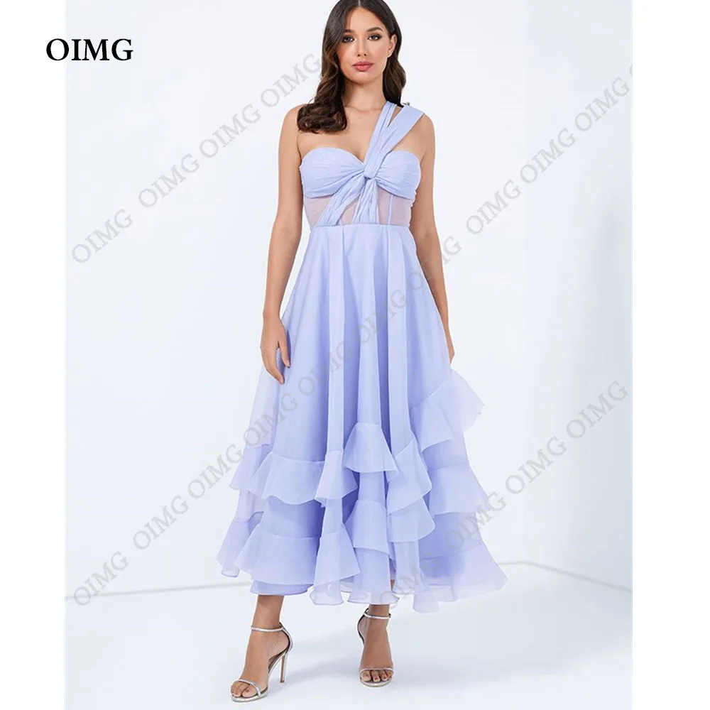 

OIMG Modest Lavender A Line Women Evening Dresses Organza Sleeveless One Shoulder Tea Length Formal Night Prom Gowns Vestidos