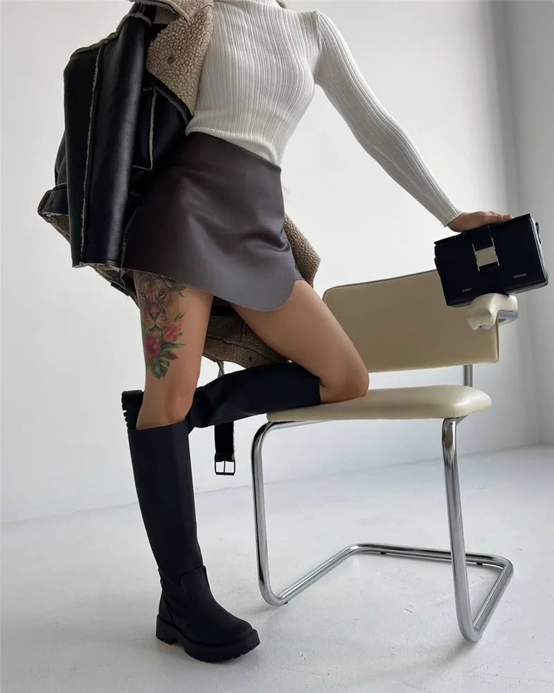Shestyle Women Shorts High Waist Sexy Elegant PU Faux Leather Skirts Office Lady A-Line Asymmetrical Bottom Clubwear Workwear