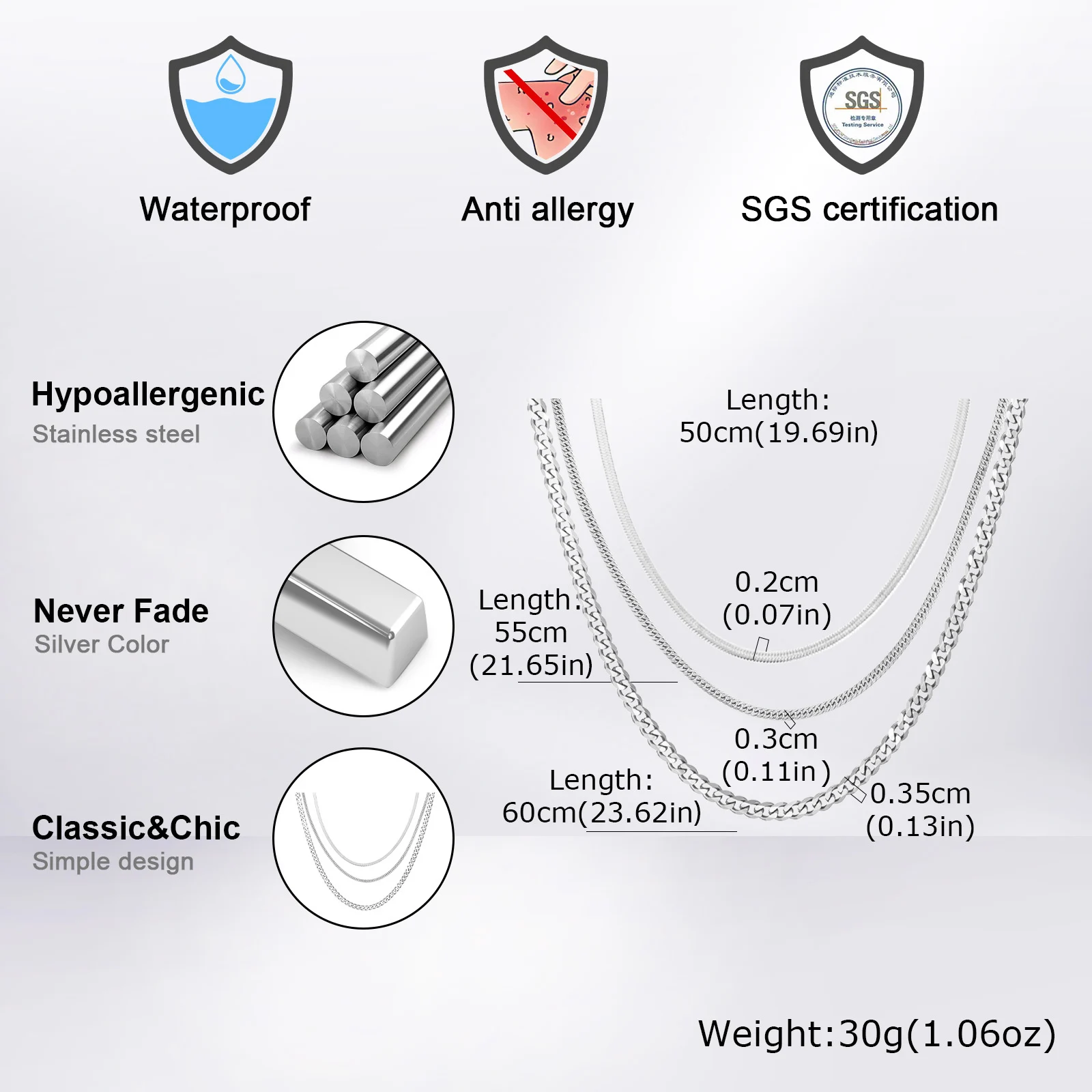 Vnox 50/55/60cm Ketten-Halsketten-Set, Silber-Gold-Farbener Edelstahl-Basis-Halsreif, 3-teiliges Set Halsketten-Schmuck Geschenk für Männer und Frauen – Detail 12