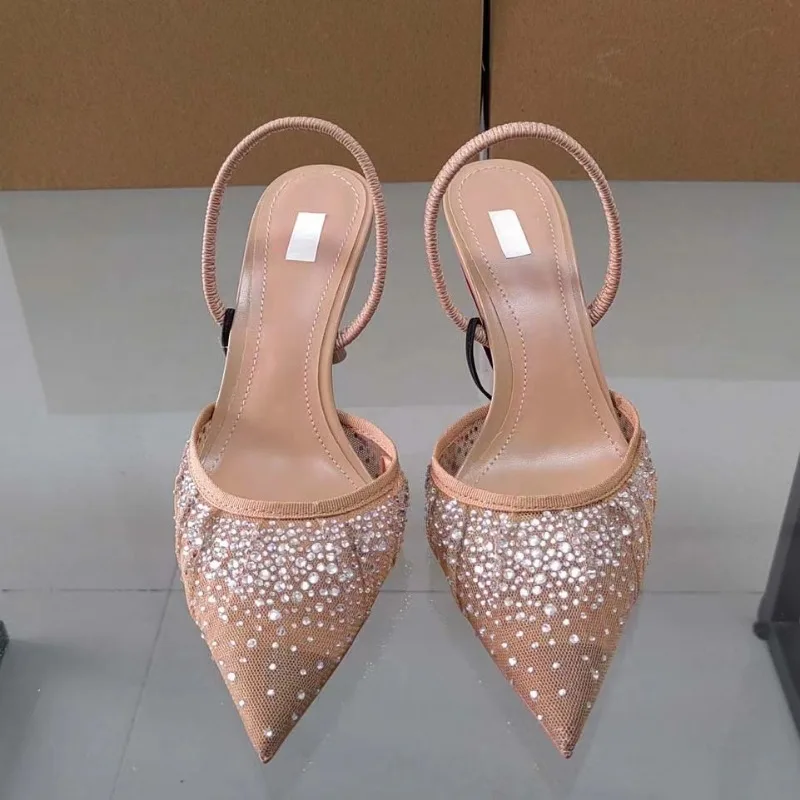 Summer Women's Sandals Water Diamond Bright Mesh High Heels Footwear Elegant Slingback Pointed Slip on Party Lady Shoes women slingback sandals,women high heels shoes