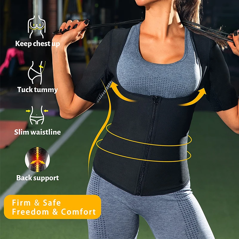 Women Sauna Vest Sweat Workout Shirt Zipper Compression Tank Top Heat Trapping Waist Trainer Body Shaper Fitness Shapewear Belt