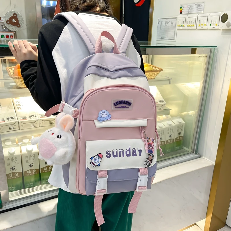 Fashion Cute Girl Travel Backpack Trendy Female Badge Pin Laptop Student Bags Lady Kawaii College Backpack Book Women School Bag