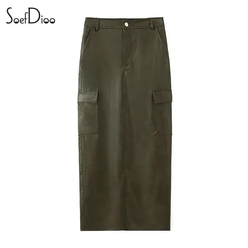 

Soefdioo Fake Leather Pockets Cargo Midi Skirts Women Fashion High Waist Straight Bodycon Skirt 2023 Female Bottoms Streetwear