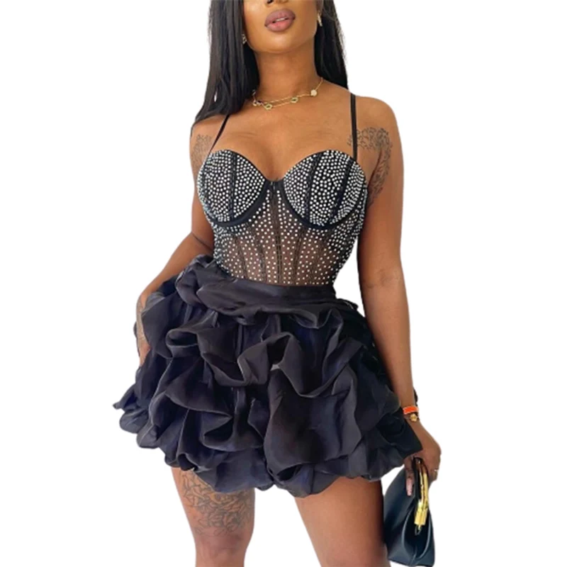Moda Diamanti Decorazione Bretelle Abiti Da Donna Sexy Casual Wrap Busto Slim Dressy Women Sweet Style Fluffy Cake Abito Corto