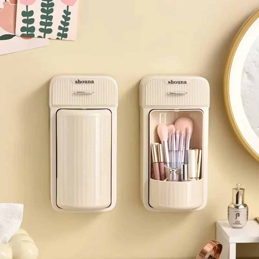 360 rotation makeup brush organizer,wall mounted four-grid design versatile 360°rotating fliptop dust-proof Holder with Drawer 6
