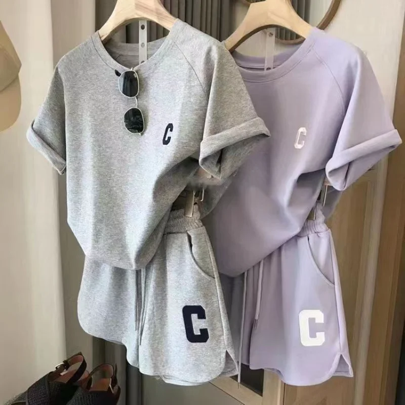 

Fashion Girls Sports Suits Chic Embroidery Purple Two Piece Sets Summer Street Loose T Shirts Wide Leg Short Pants Sporty Outfit