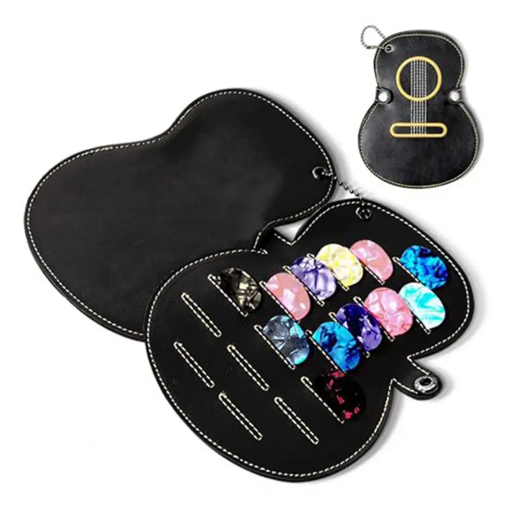 Guitar Pick Holder Faux Leather Guitar Picks Case Keychain with 17 Slots Guitar-shaped for Musician for Guitarist