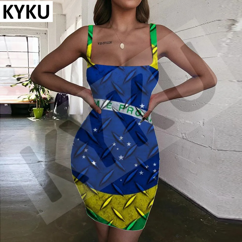 Kyku Brand Brazil Dresses Women Brazilian Flag Ladies Dresses Metal Sundress Womens Clothing