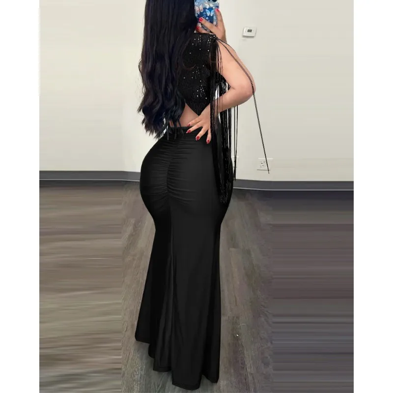 

2024 Autumn Winter New Women's Solid Color Sequin Patchwork Slit Long Dress Bright Silk Tassel Sleeve