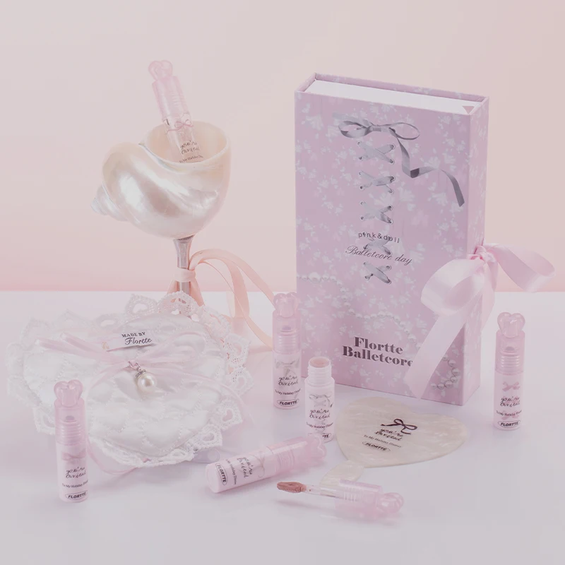 FLORTTE Little Bow Collection Lipstick Lip Cream ALL IN Gift Set Professional Makeup Kit Box Moisturizing Hydrating Lip Glow