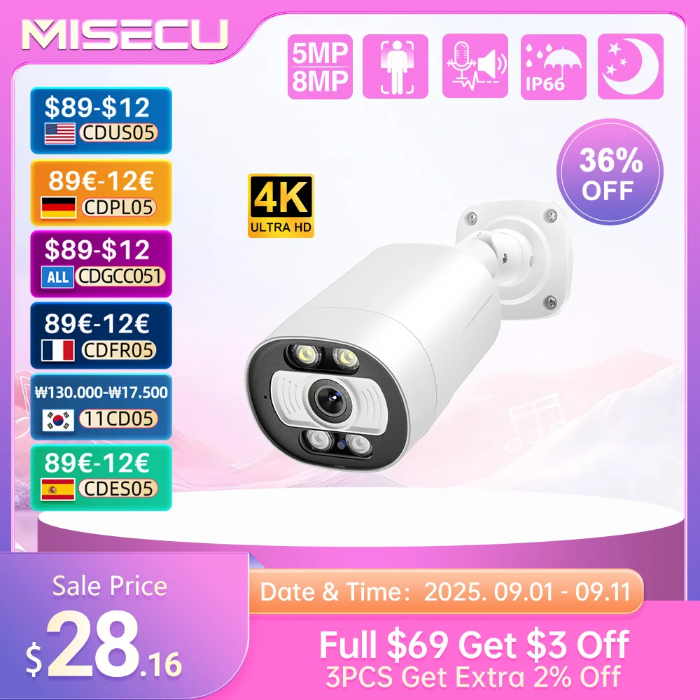 MISECU H.265 4K Ai POE Camera 5MP 8MP Two-way communication Human Detect Outdoor Camera For CCTV System Surveillance System surveillance camera