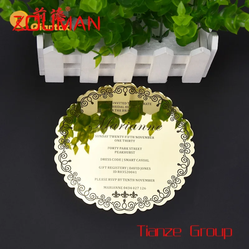 Custom , High Quality Custom  Luxury Laser Cut Acrylic Round Gold Wedding Mirror Invitation Card a5 acrylic price tag strong magnetic swing table transparent inclined table card commodity price display card crystal billboard